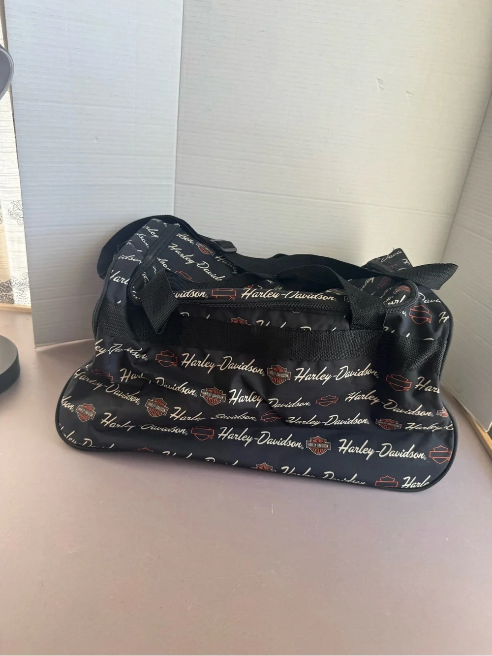 Harley-Davidson Black Duffel with White Script and Orange Accents